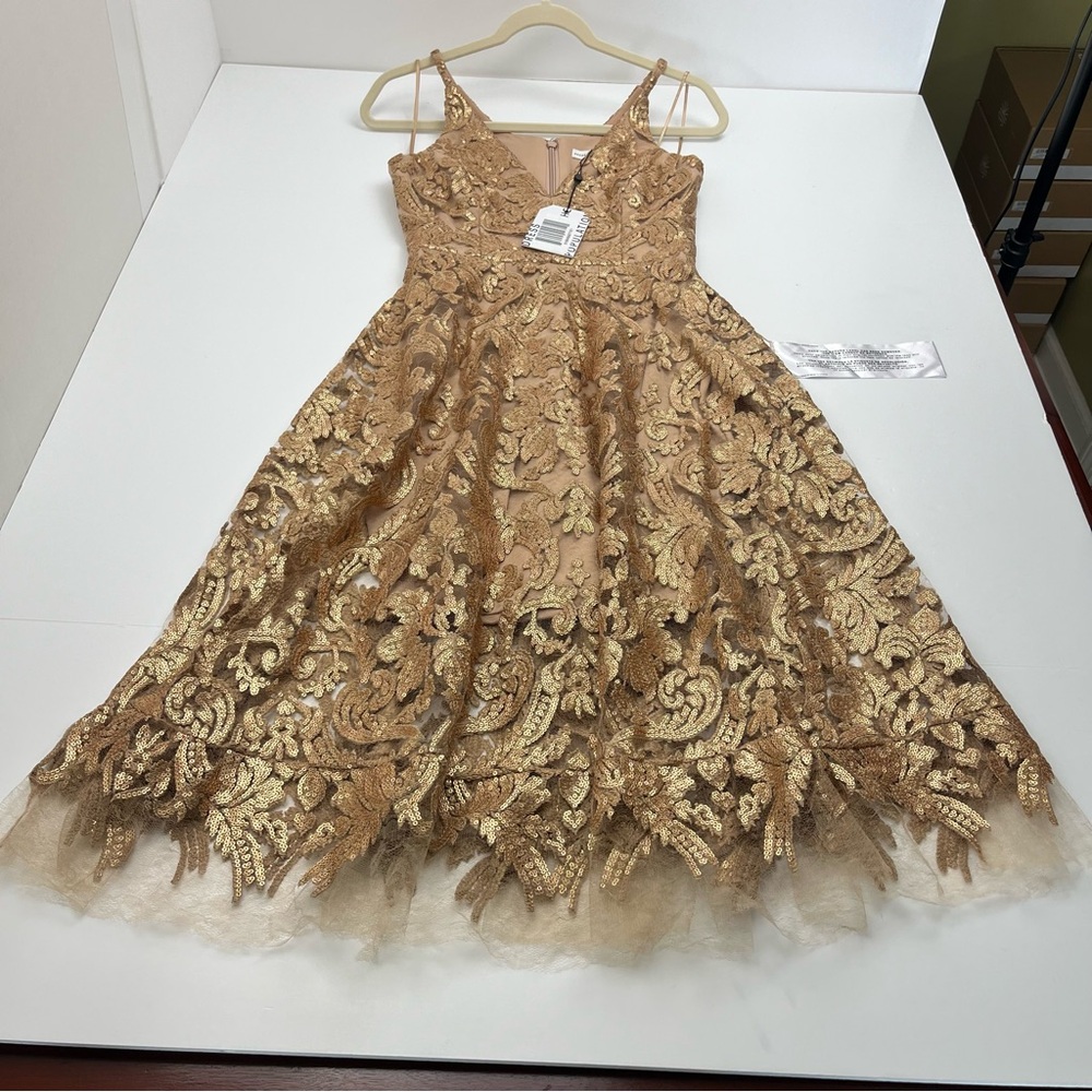 Dress the Population Blair Gold Nude Embellished Midi Dress Women’s Size XS NEW - Picture 1 of 13